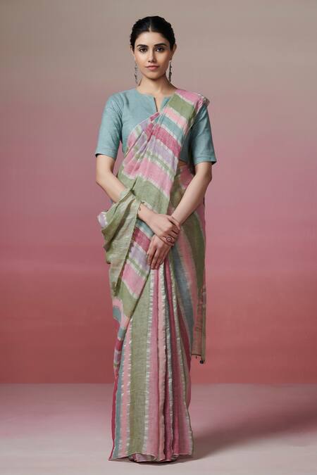 Buy Dressfolk Multi Color Handloom Cotton, Linen Striped Saree With Running Blouse Online at Aza Fashions Buy_Dressfolk_Multi Color Handloom Cotton, Linen Striped Saree With Running Blouse_Online_at_Aza_Fashions