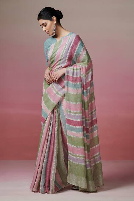 Shop Dressfolk Multi Color Handloom Cotton, Linen Striped Saree With Running Blouse Online at Aza Fashions Shop_Dressfolk_Multi Color Handloom Cotton, Linen Striped Saree With Running Blouse_Online_at_Aza_Fashions