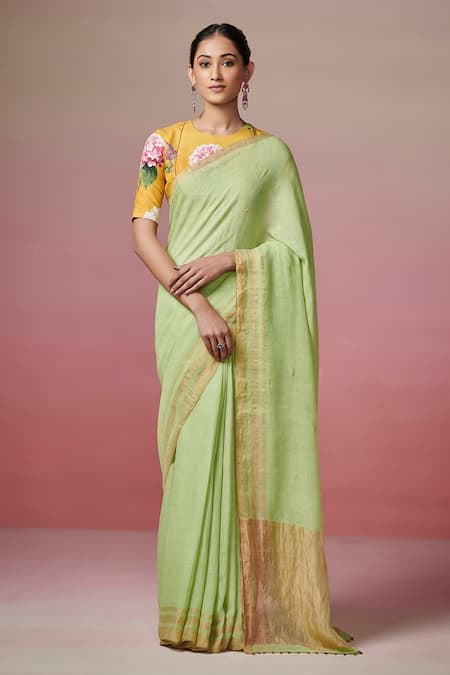 Dressfolk Green Handloom Linen Plain Son Of Spring Saree 