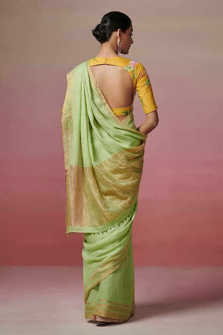 Dressfolk Pista Green Handloom Linen Saree with Running Blouse 