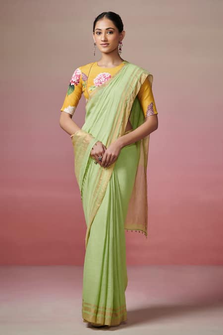 Buy_Dressfolk_Green Handloom Cotton Pista Linen Saree With Running Blouse _Online_at_Aza_Fashions