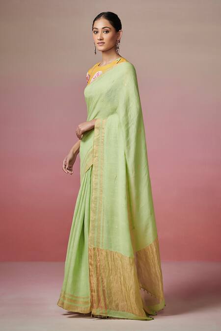 Shop_Dressfolk_Green Handloom Cotton Pista Linen Saree With Running Blouse _Online_at_Aza_Fashions
