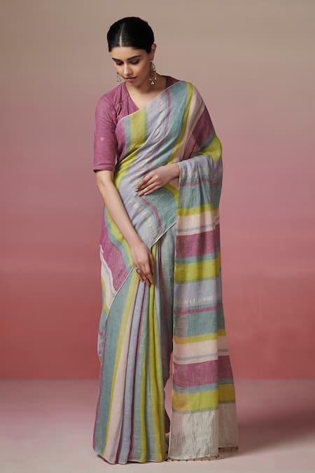 Dressfolk Multi Color Handloom Linen Stripes Cherished Charm Saree 