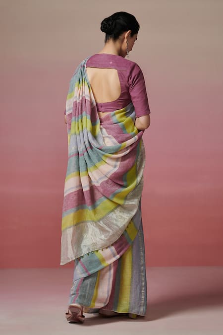 Dressfolk Multi Color Striped Handloom Linen Saree with Running Blouse 