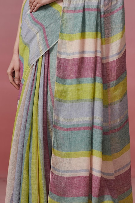 Dressfolk Multi Color Handloom Cotton Striped Linen Saree With Running Blouse Online at Aza Fashions Dressfolk_Multi Color Handloom Cotton Striped Linen Saree With Running Blouse _Online_at_Aza_Fashions