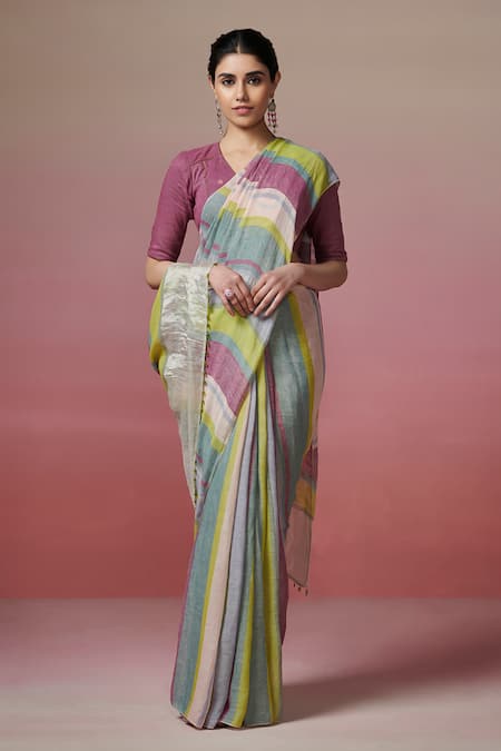 Buy Dressfolk Multi Color Handloom Cotton Striped Linen Saree With Running Blouse Online at Aza Fashions Buy_Dressfolk_Multi Color Handloom Cotton Striped Linen Saree With Running Blouse _Online_at_Aza_Fashions