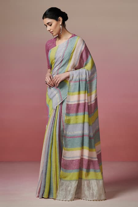 Shop Dressfolk Multi Color Handloom Cotton Striped Linen Saree With Running Blouse Online at Aza Fashions Shop_Dressfolk_Multi Color Handloom Cotton Striped Linen Saree With Running Blouse _Online_at_Aza_Fashions