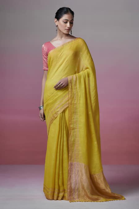 Dressfolk Yellow Handloom Linen Plain Summer Diary Saree 