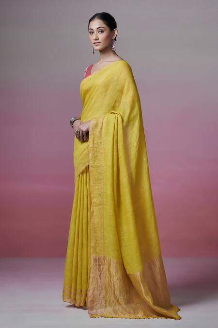 Shop_Dressfolk_Yellow Handloom Cotton Lime Linen Saree With Running Blouse_Online_at_Aza_Fashions
