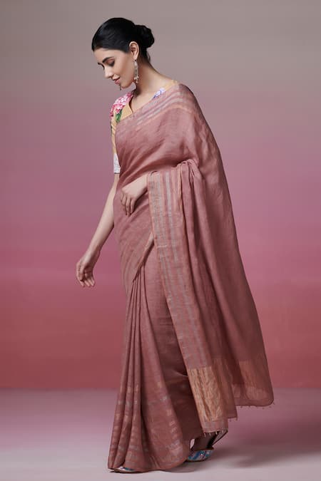 Shop_Dressfolk_Pink Handloom Cotton Beads Onion Linen Saree With Running Blouse_Online_at_Aza_Fashions