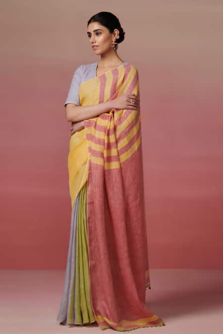 Dressfolk Multi Color Handloom Linen Saree with Running Blouse 
