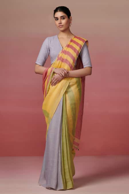 Dressfolk Multi Color Handloom Cotton Linen Saree With Running Blouse Online at Aza Fashions Dressfolk_Multi Color Handloom Cotton Linen Saree With Running Blouse _Online_at_Aza_Fashions
