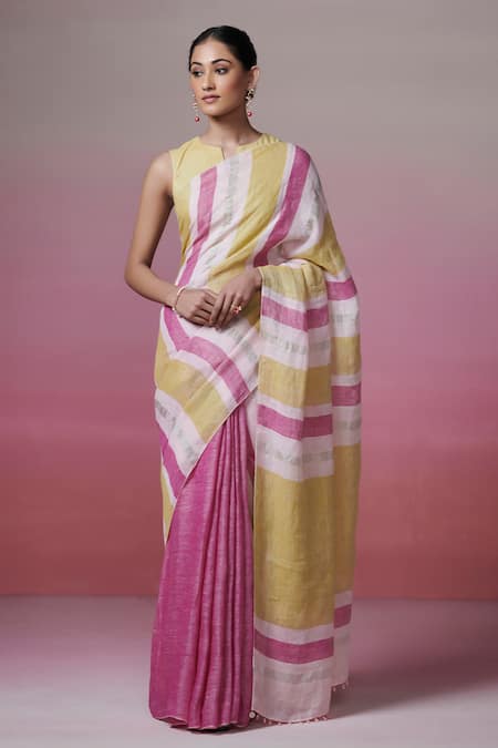 Dressfolk Multi Color Handloom Linen Stripes Pattern Saree 