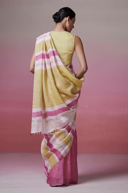 Dressfolk Multi Color Stripe Handloom Linen Saree with Running Blouse 