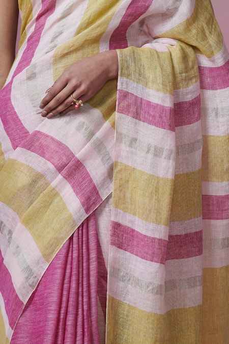 Dressfolk Multi Color Handloom Cotton Stripe Linen Saree With Running Blouse Online at Aza Fashions Dressfolk_Multi Color Handloom Cotton Stripe Linen Saree With Running Blouse _Online_at_Aza_Fashions