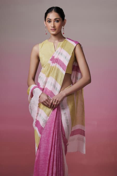Buy Dressfolk Multi Color Handloom Cotton Stripe Linen Saree With Running Blouse Online at Aza Fashions Buy_Dressfolk_Multi Color Handloom Cotton Stripe Linen Saree With Running Blouse _Online_at_Aza_Fashions