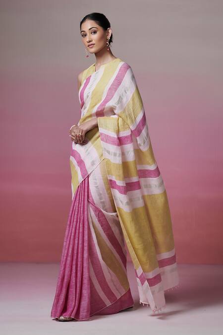 Shop Dressfolk Multi Color Handloom Cotton Stripe Linen Saree With Running Blouse Online at Aza Fashions Shop_Dressfolk_Multi Color Handloom Cotton Stripe Linen Saree With Running Blouse _Online_at_Aza_Fashions
