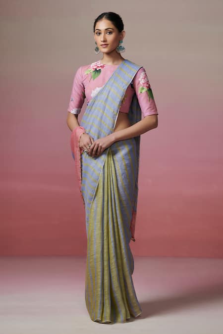 Buy_Dressfolk_Blue Handloom Cotton Two Tone Striped Linen Saree With Running Blouse _Online_at_Aza_Fashions