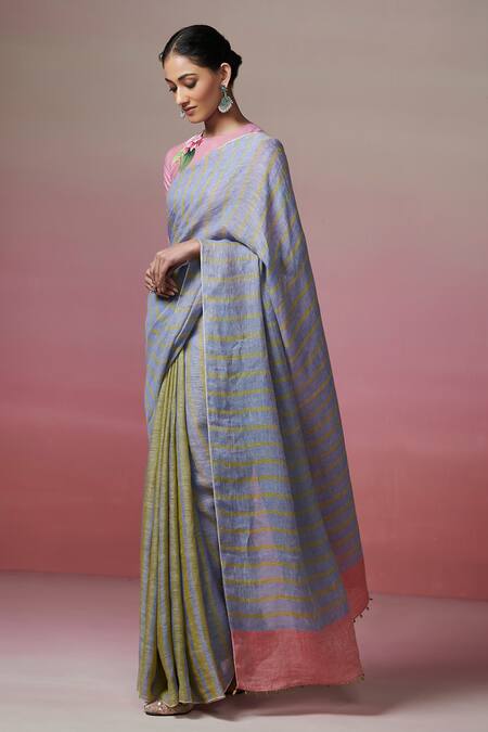 Shop_Dressfolk_Blue Handloom Cotton Two Tone Striped Linen Saree With Running Blouse _Online_at_Aza_Fashions