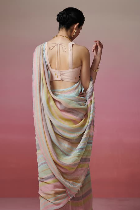 Dressfolk Multi Color Handloom Linen Stripe Saree with Running Blouse 