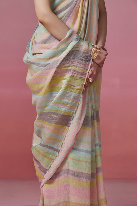 Dressfolk_Multi Color Handloom Cotton Linen Stripe Saree With Running Blouse _Online_at_Aza_Fashions