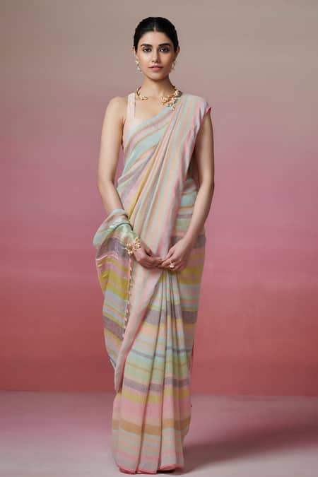 Buy_Dressfolk_Multi Color Handloom Cotton Linen Stripe Saree With Running Blouse _Online_at_Aza_Fashions