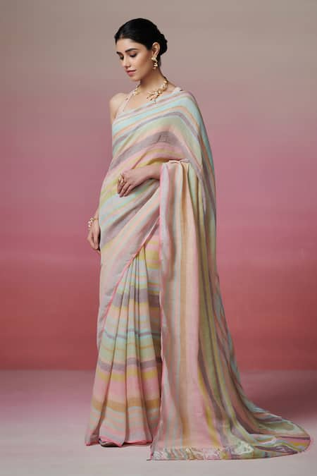 Shop_Dressfolk_Multi Color Handloom Cotton Linen Stripe Saree With Running Blouse _Online_at_Aza_Fashions