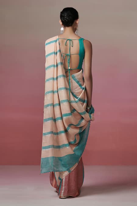 Dressfolk Peach & Teal Striped Handloom Linen Saree with Running Blouse 