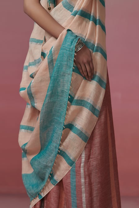 Dressfolk_Blue Handloom Cotton Peach And Teal Striped Linen Saree With Running Blouse _Online_at_Aza_Fashions