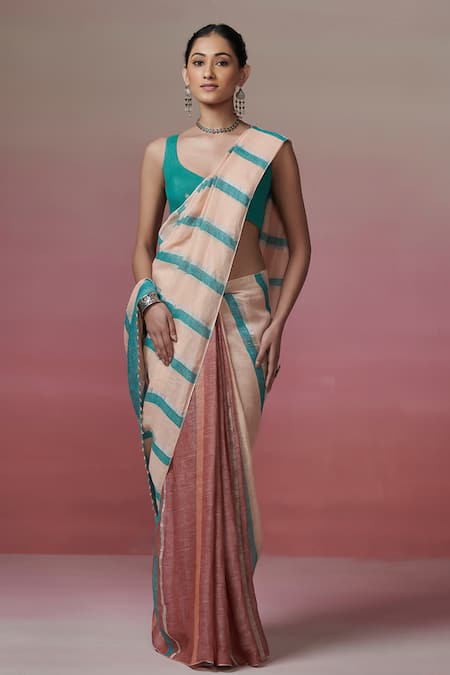 Buy_Dressfolk_Blue Handloom Cotton Peach And Teal Striped Linen Saree With Running Blouse _Online_at_Aza_Fashions
