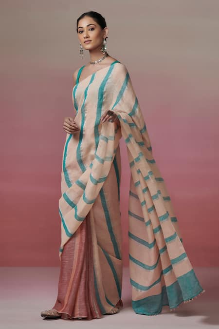 Shop_Dressfolk_Blue Handloom Cotton Peach And Teal Striped Linen Saree With Running Blouse _Online_at_Aza_Fashions