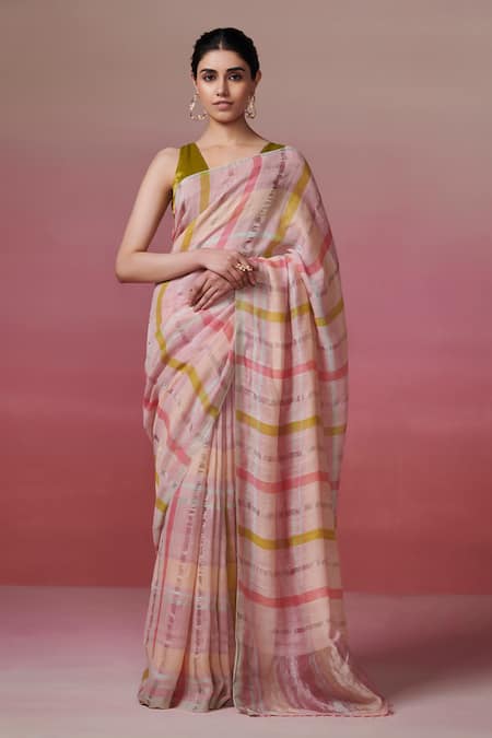 Dressfolk Peach Handloom Linen Stripes Color Block Pattern Saree 
