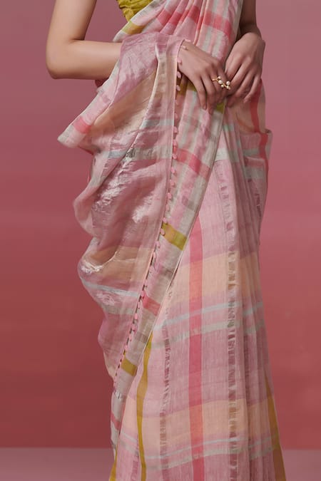 Dressfolk Peach Handloom Cotton Color Block Stripe Linen Saree With Running Blouse Online at Aza Fashions Dressfolk_Peach Handloom Cotton Color Block Stripe Linen Saree With Running Blouse_Online_at_Aza_Fashions