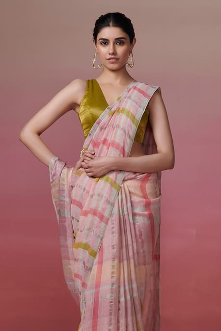 Buy Dressfolk Peach Handloom Cotton Color Block Stripe Linen Saree With Running Blouse Online at Aza Fashions Buy_Dressfolk_Peach Handloom Cotton Color Block Stripe Linen Saree With Running Blouse_Online_at_Aza_Fashions
