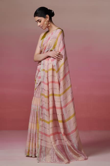 Shop Dressfolk Peach Handloom Cotton Color Block Stripe Linen Saree With Running Blouse Online at Aza Fashions Shop_Dressfolk_Peach Handloom Cotton Color Block Stripe Linen Saree With Running Blouse_Online_at_Aza_Fashions