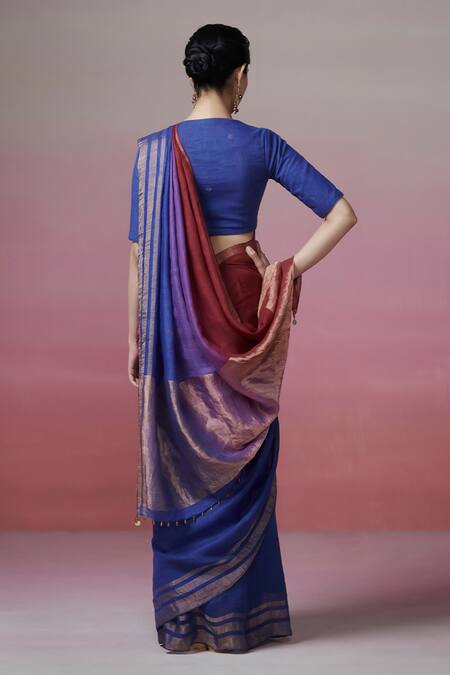 Shop Dressfolk Maroon Handloom Cotton Triple Shaded Butti Linen Saree With Running Blouse at Aza Fashions Shop_Dressfolk_Maroon Handloom Cotton Triple Shaded Butti Linen Saree With Running Blouse_at_Aza_Fashions