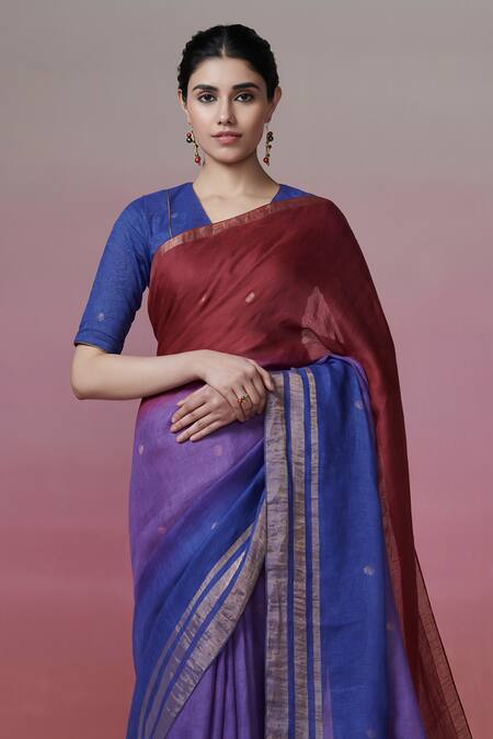 Dressfolk Maroon Handloom Cotton Triple Shaded Butti Linen Saree With Running Blouse Online at Aza Fashions Dressfolk_Maroon Handloom Cotton Triple Shaded Butti Linen Saree With Running Blouse_Online_at_Aza_Fashions