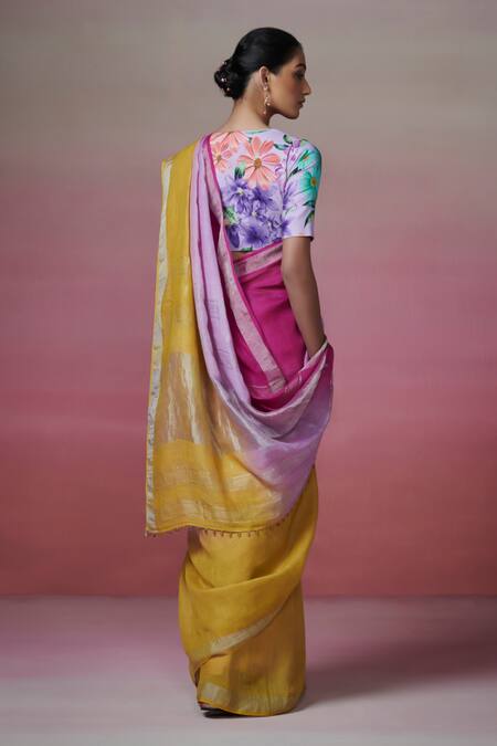 Shop Dressfolk Multi Color Handloom Cotton Block Linen Saree With Running Blouse at Aza Fashions Shop_Dressfolk_Multi Color Handloom Cotton Block Linen Saree With Running Blouse_at_Aza_Fashions