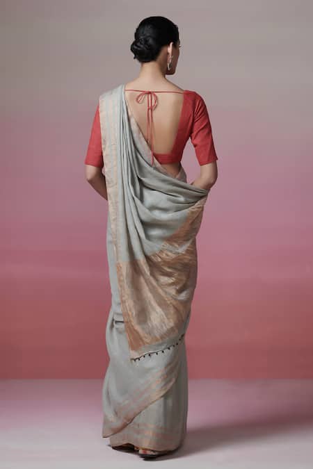 Shop_Dressfolk_Grey Handloom Cotton Plain Linen Saree _at_Aza_Fashions