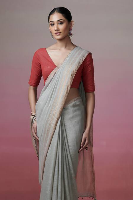 Dressfolk_Grey Handloom Cotton Plain Linen Saree _Online_at_Aza_Fashions