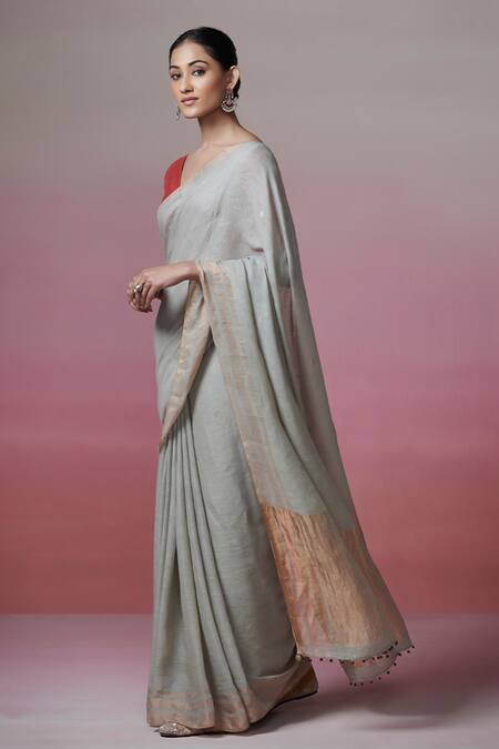 Buy_Dressfolk_Grey Handloom Cotton Plain Linen Saree _Online_at_Aza_Fashions