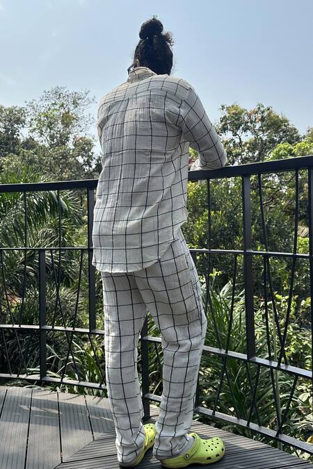 Shop_Aliaum_Cream Cotton Chequered Pattern Shirt With Trouser_at_Aza_Fashions