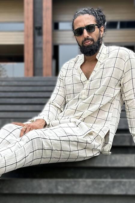 Aliaum_Cream Cotton Chequered Pattern Shirt With Trouser_Online_at_Aza_Fashions