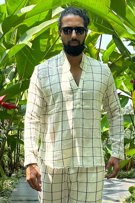 Buy_Aliaum_Cream Cotton Chequered Pattern Shirt With Trouser_Online_at_Aza_Fashions