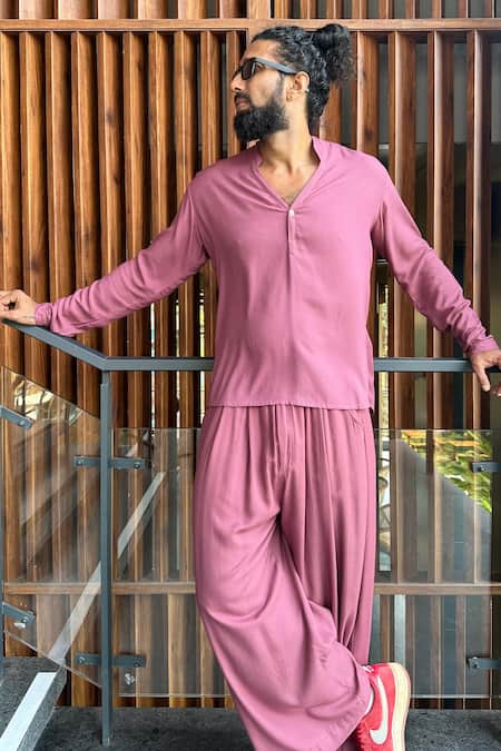 Aliaum_Pink Rayon Plain Stand Collar Shirt And Flared Pant Set _Online_at_Aza_Fashions