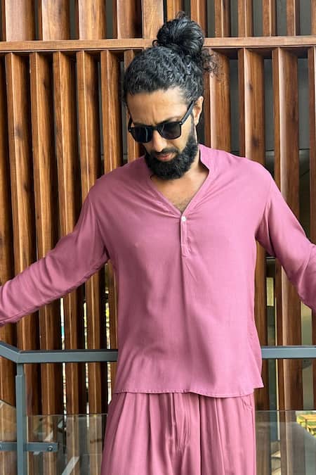 Shop_Aliaum_Pink Rayon Plain Stand Collar Shirt And Flared Pant Set _Online_at_Aza_Fashions