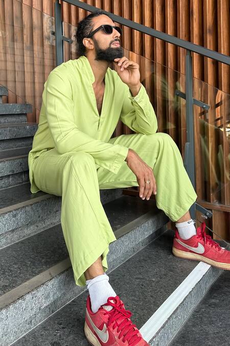 Aliaum Green Rayon Plain Mint Shirt And Pant Set Online at Aza Fashions Aliaum_Green Rayon Plain Mint Shirt And Pant Set_Online_at_Aza_Fashions