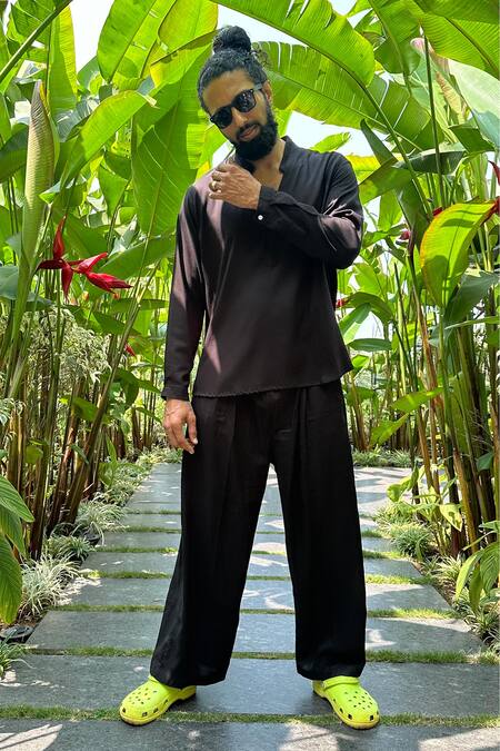 Buy_Aliaum_Black Rayon Plain Full Sleeve Shirt With Pant _Online_at_Aza_Fashions