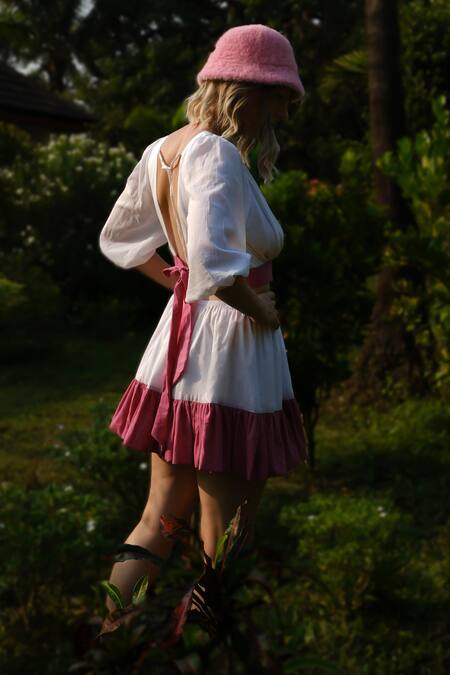 Aliaum White Cotton Embroidery V-neck V Top And Pink Flared Skirt Set Online at Aza Fashions Aliaum_White Cotton Embroidery V-neck V Top And Pink Flared Skirt Set _Online_at_Aza_Fashions