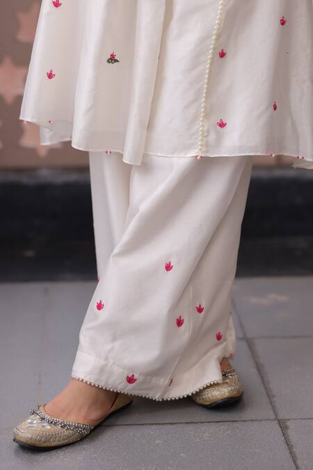 Shop_Leela By A_Ivory Organza, Chanderi Beads, Embroidery V-neck Lotus Patchwork Anarkali Set _Online_at_Aza_Fashions